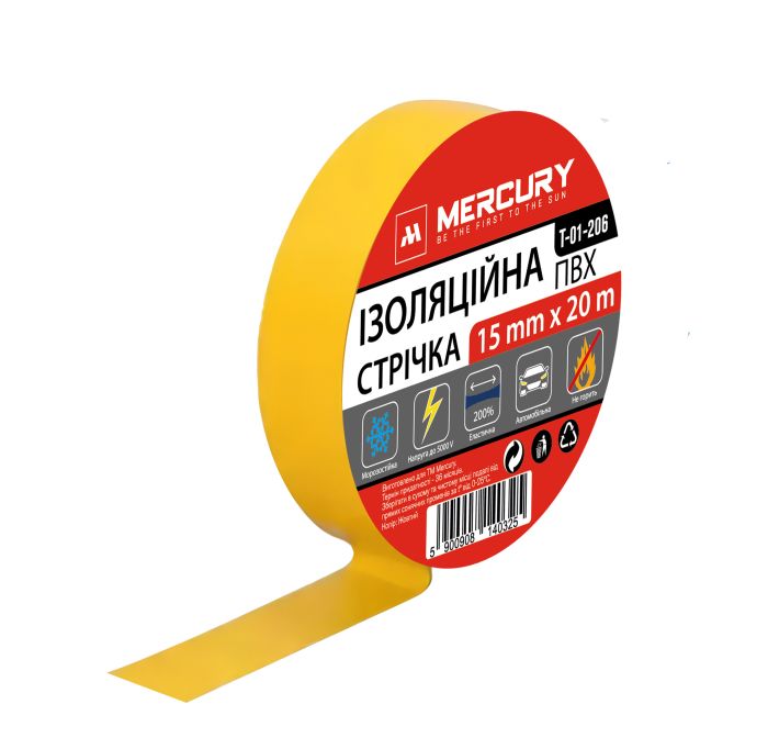 Изолента ПВХ Желтая 15 мм 20 м MERCURY