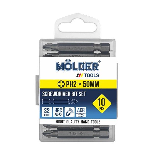Биты крестовые PH2 х 50 мм в упаковке 10 шт S2, HRC 58-62  MOLDER