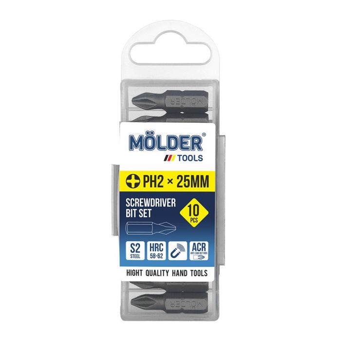 Биты крестовые PH2 х 25 мм в упаковке 10 шт S2, HRC 58-62  MOLDER