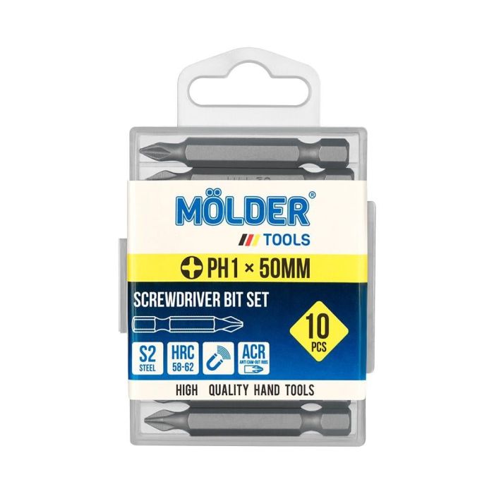Биты крестовые PH1 х 50 мм в упаковке 10 шт S2, HRC 58-62  MOLDER